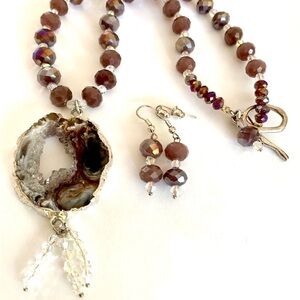 😍Handmade Elegant purple & Austrian Crystal and Silver Beaded Necklace Set